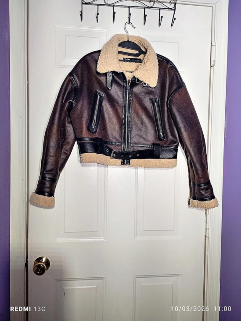 Zara Faux Leather and Faux Shearling Aviator Jacket Brown & Black Size XS